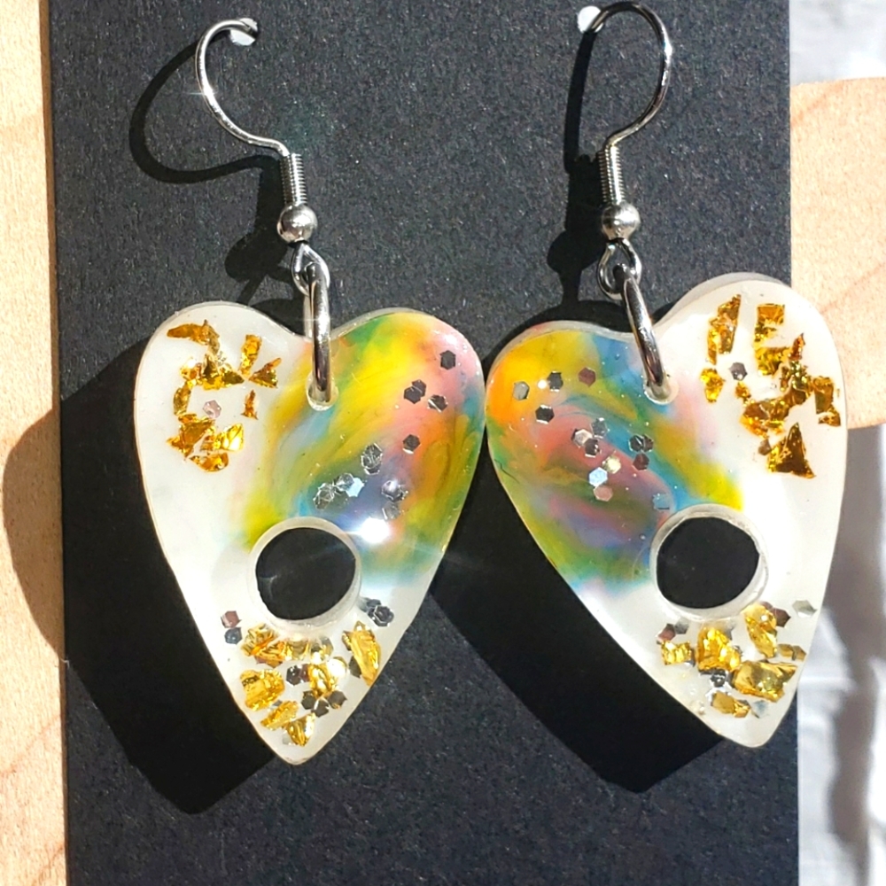Rainbow Planchette Earrings/ White with gold flake, gold glass chip & glitter